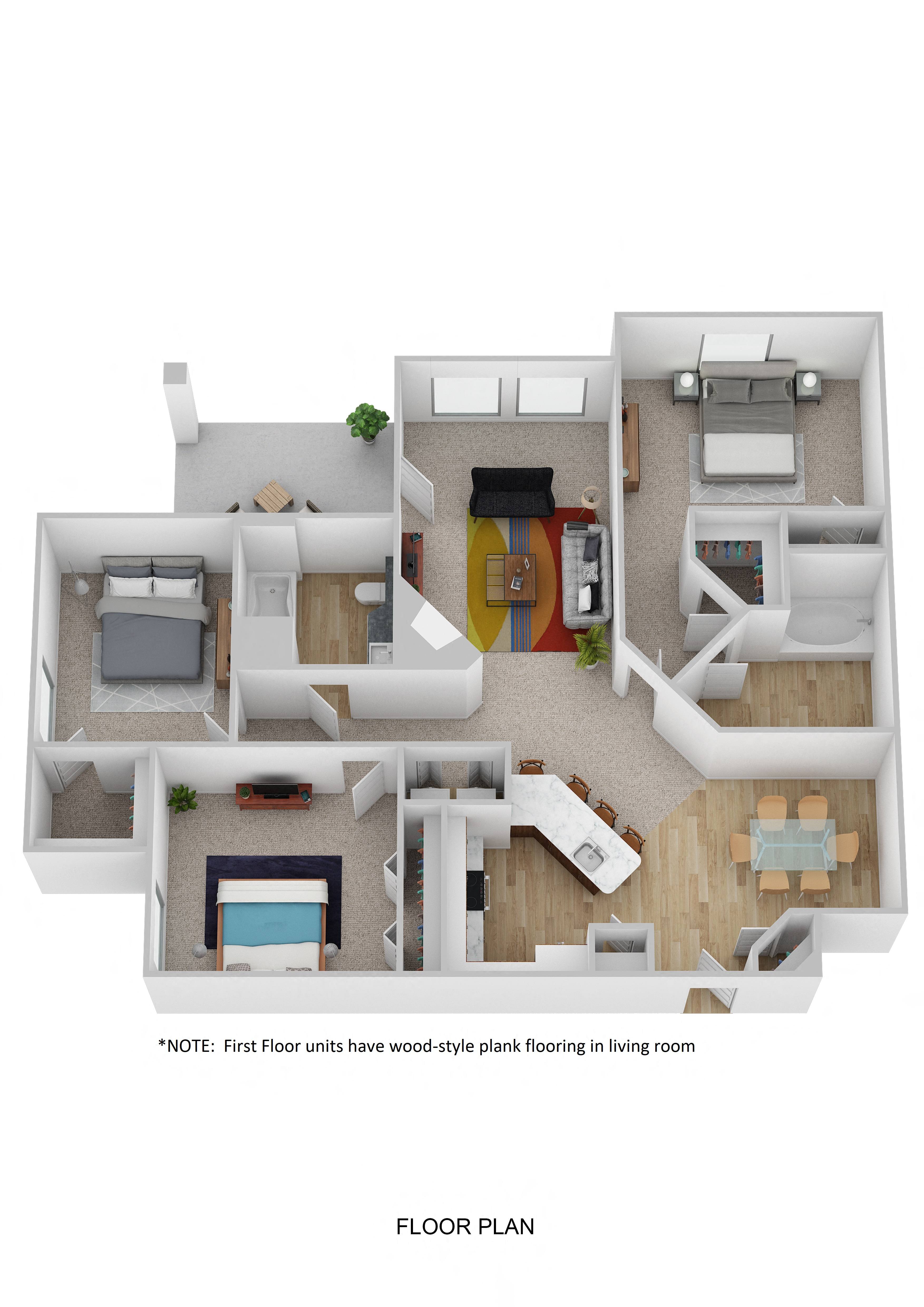 Floor plan for 3 beds, 2 baths, 1454 sqft